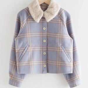 & Other Stories Lilac Plaid Jacket with Cream Shearling Collar